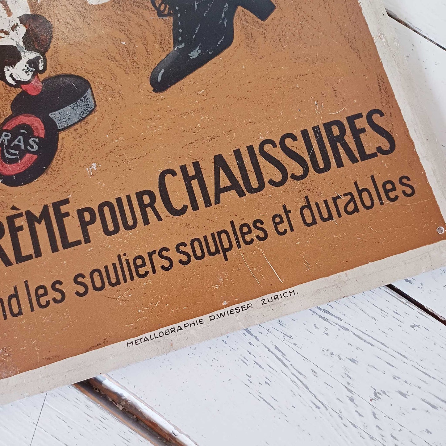 Rare tôle lithographiée emboutie pour le cirage RAS - Signée Emil Cardinaux