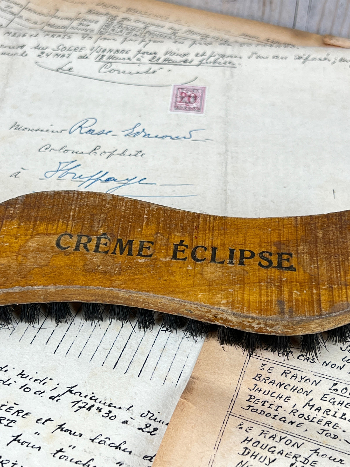 Ancienne brosse à reluire publicitaire Crème Éclipse en bois