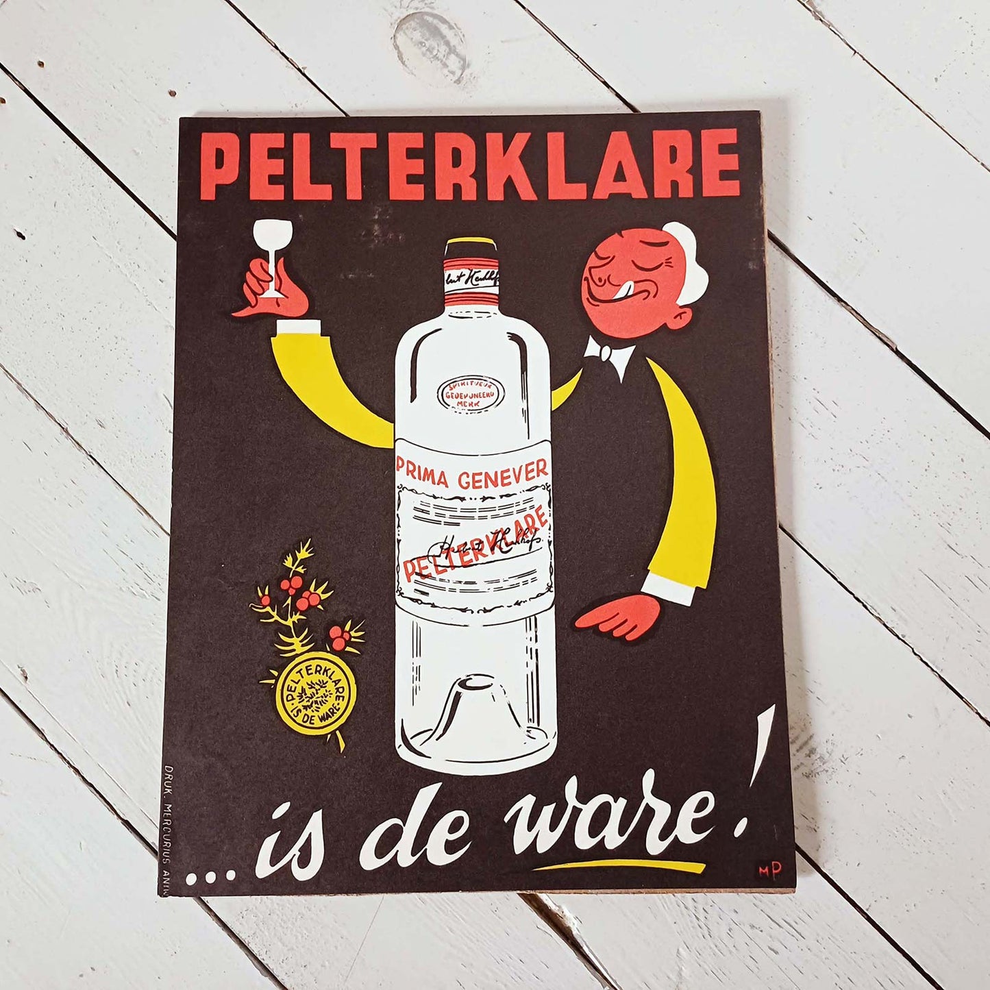 Affichette publicitaire Genever Pelterklare, illustration vintage spiritueux.