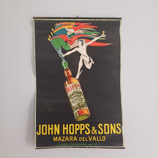 Affiche ancienne John Hopps & Sons de 1923 avec illustration colorée d’une bouteille de Marsala et personnage ailé, sous réglettes métalliques.