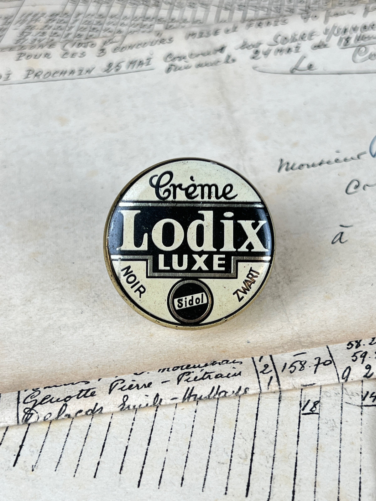 Ancienne boîte de cirage publicitaire en métal de la marque Lodix, objet de collection en fer blanc lithographié d'époque vintage.