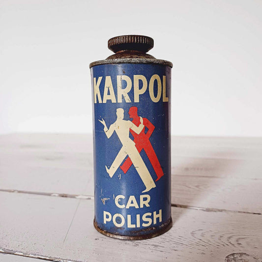 Bidon Car Polish Karpol ancien, publicité garage vintage, tôle sérigraphiée.