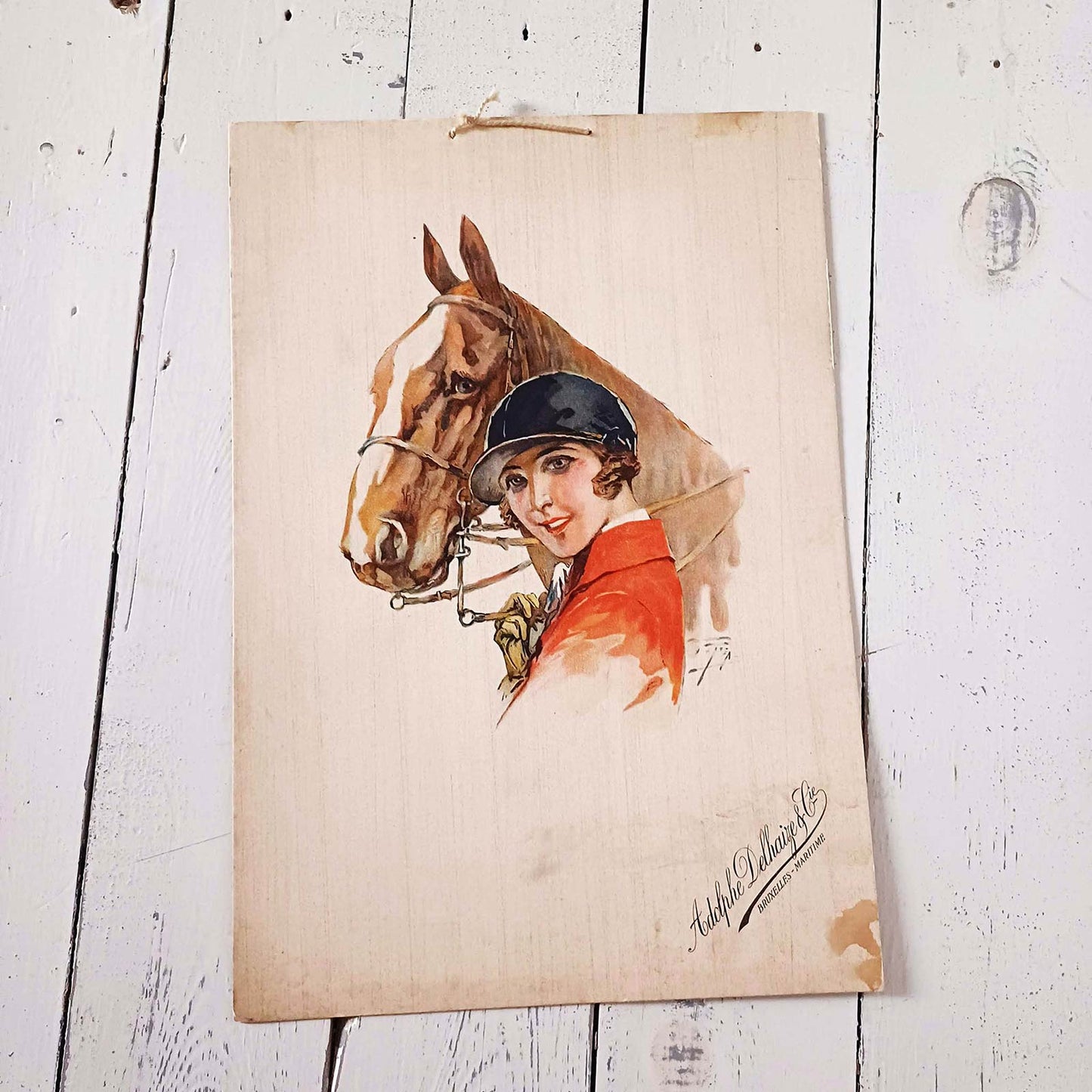 Carton publicitaire ancien Adolphe Delhaize & Cie Bruxelles maritime, cheval attelé, publicité début XXe siècle.