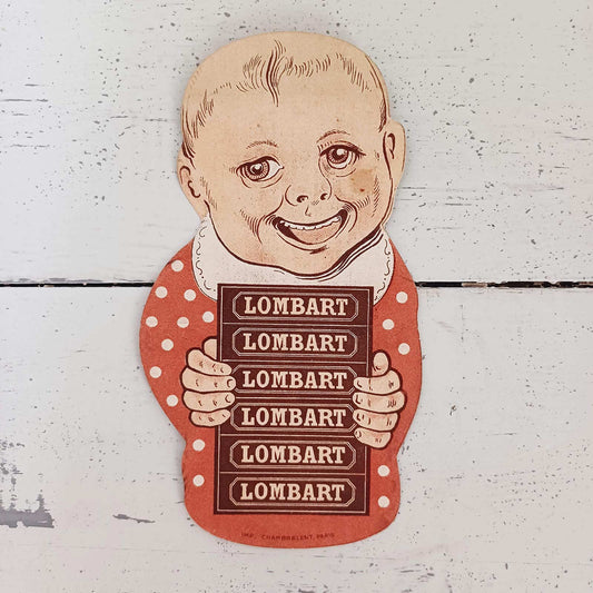 Petit dépliant publicitaire humoristique en papier cartonné pour le chocolat Lombart, en très bon état général.