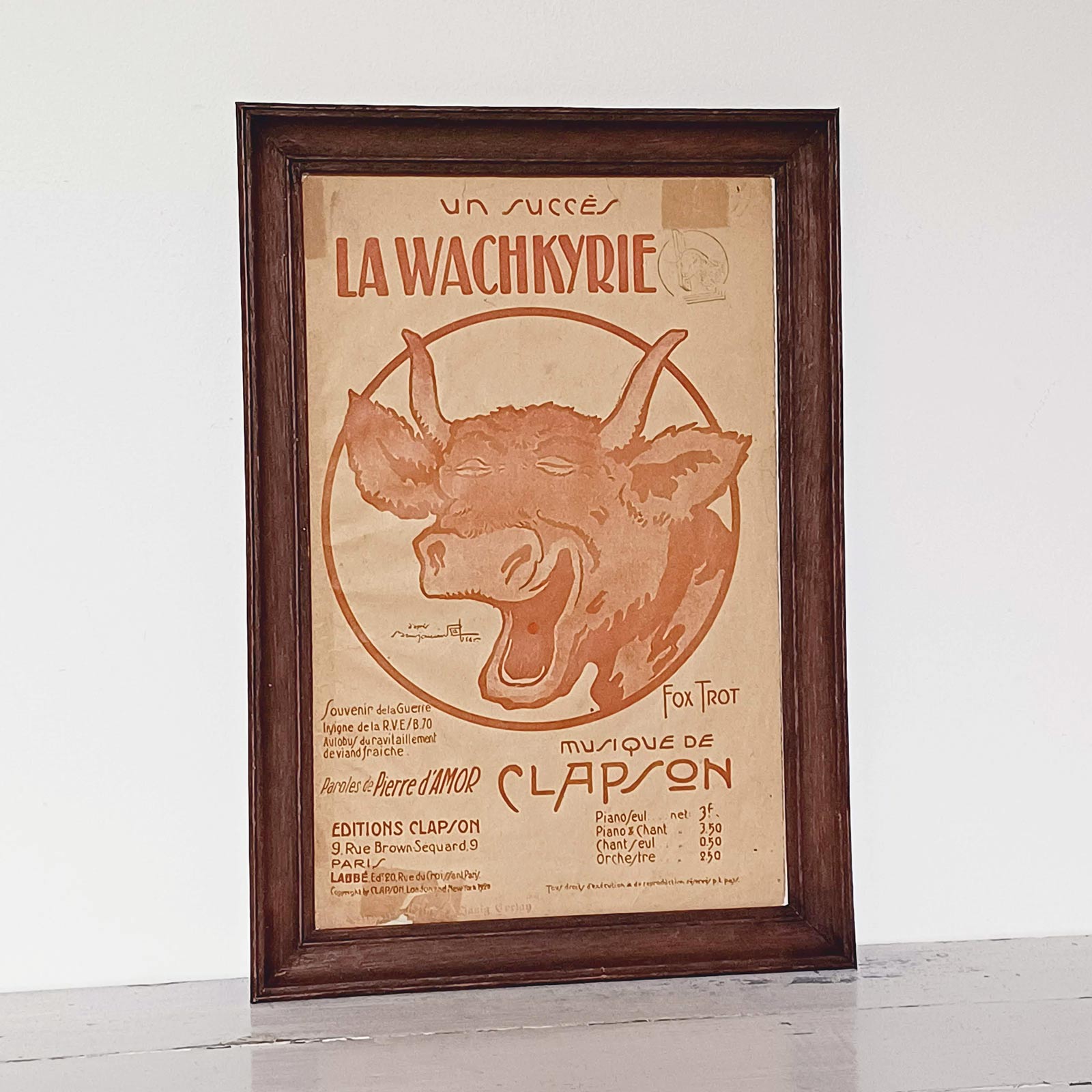 Partition ancienne La Wachkyrie de 1920 sous cadre, liée à l’origine de La Vache qui rit, illustration de Benjamin Rabier