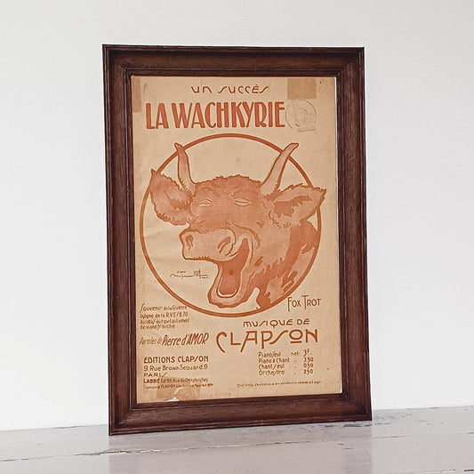 Partition ancienne La Wachkyrie de 1920 sous cadre, liée à l’origine de La Vache qui rit, illustration de Benjamin Rabier