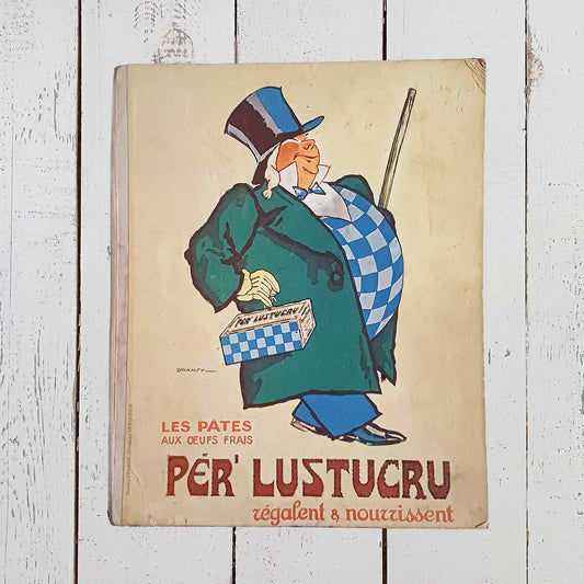 Protège-cahier publicitaire ancien Per' Lustucru en carton épais avec dos toilé, format 23 x 28 cm, illustration de Dransy avec traces du temps.