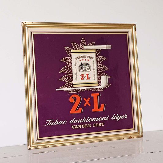Publicité vintage sous cadre pour le tabac Vander Elst, carton lithographié Rob. Otten Bruxelles, couleurs violette et orange, cadre aluminium 32 × 32 cm