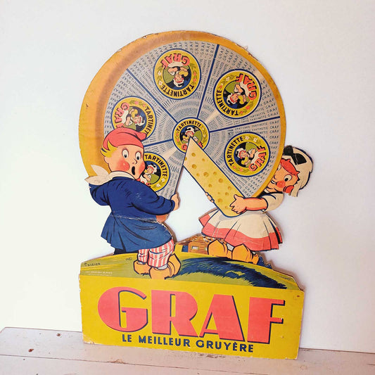 Publicité cartonnée ancienne pour le fromage Graf, Dôle Jura, illustration vintage.