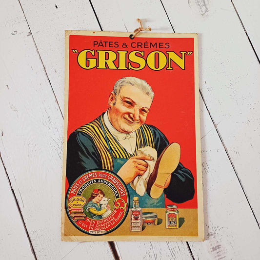 Publicité cartonnée ancienne pour la crème de chaussure Grison, illustration vintage Paris, carton lithographié début XXe siècle.