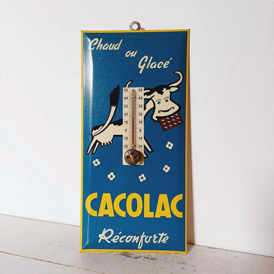 Thermomètre publicitaire Cacolac en tôle lithographiée, couleur vive, collection alimentation.