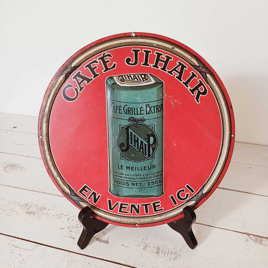 Tôle lithographiée ancienne Café Jihair à Amiens, publicité alimentaire vintage.