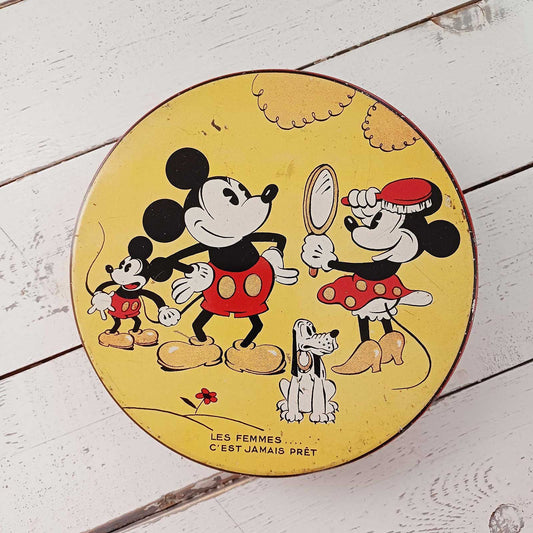 Ancienne boîte en tôle lithographiée Mickey Mouse des années 30, Walt Disney, collection vintage.